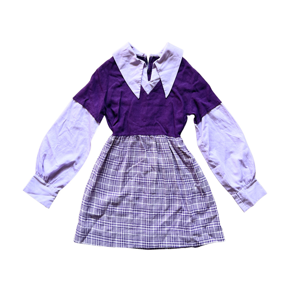 Vtg 70s Girls Purple Plaid Swing Dress Pointed Collar Mod Preppy Academia School